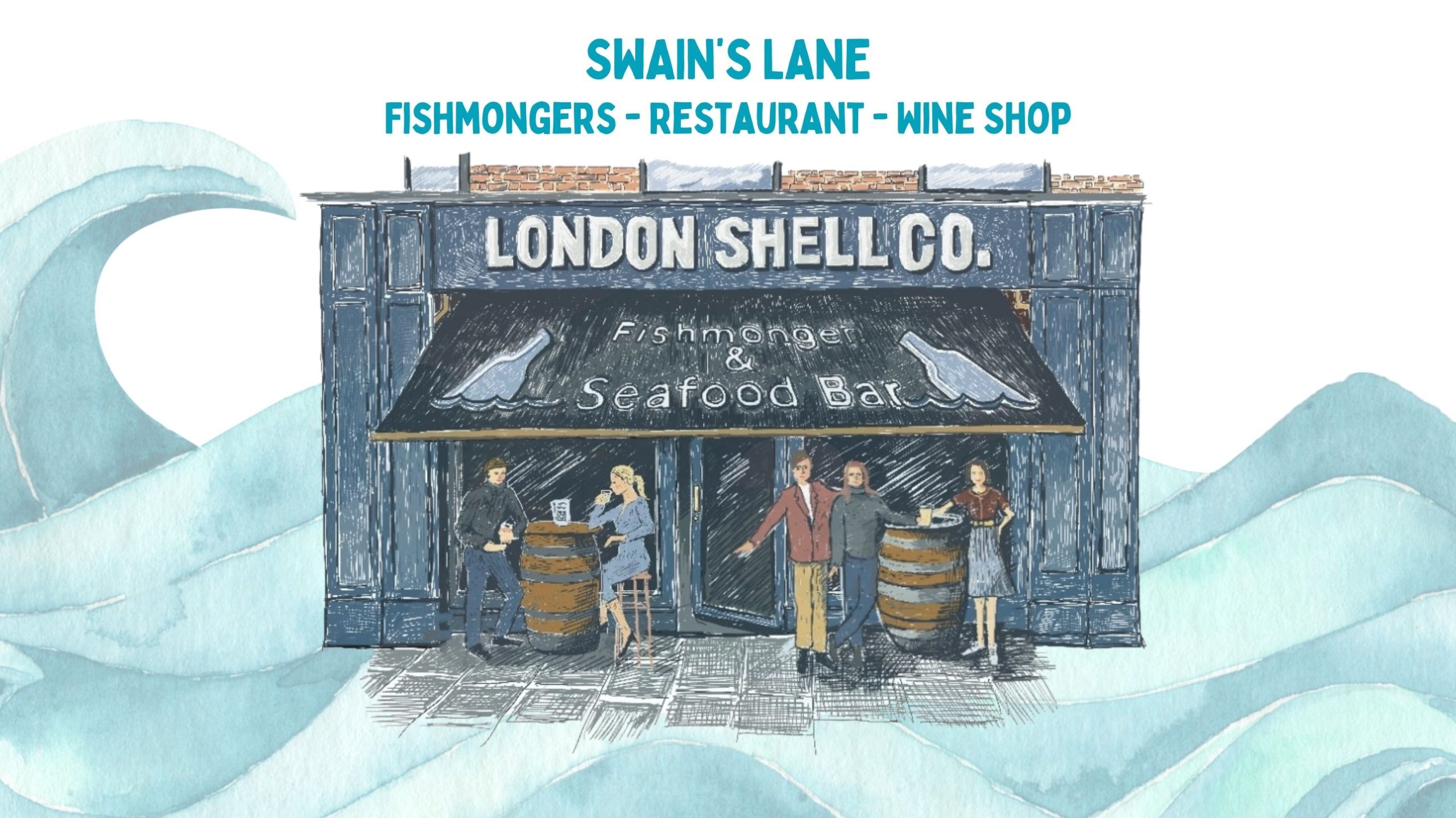 Illustration of the exterior of London Shell Co. on Swain's Lane. It is blue and has waves behind